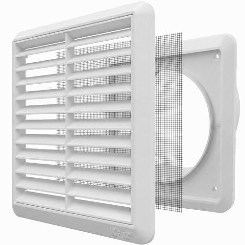 Kair White 100mm Louvred Wall Vent Grille with Flyscreen - 99.5mm / 4 Inch Round Rear Spigot & 155mm Front Cover