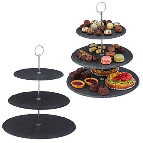 Relaxdays 2X Alzata in Ardesia, 3 Piatti per Dolci, Snack e Frutta, Centrotavola con Manico in Metallo, Antracite Argento