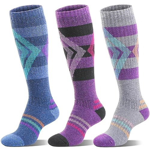 Welwoos Merino Wool Ski Socks for Womens Mens Thermal Winter Warm Thick Knee High Gift Sock Stocking Stuffers for Skiing Outdoor Sports Snowboarding 3 Pairs (Blue/Purple/Grey B,L)