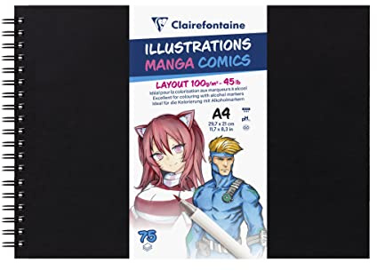 Clairefontaine 975946C Carnet Illustrations Manga Comics - 75 Feuilles Papier Dessin Blanc Extra Lisse A4 21x29,7 cm 100g - Papier idéal pour le Dessin au Feutre à Alcool, Encre de Chine et Line Art