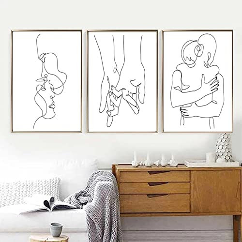 MENAYODA 3er Poster Set Wandbilder, Modern Abstrakte Schwarze und Weiße Linien Wandbild Wandposter Posterset, Hand in, Umarmung Kuss, Dekoratives für Wohnzimmer, Ohne Rahmen