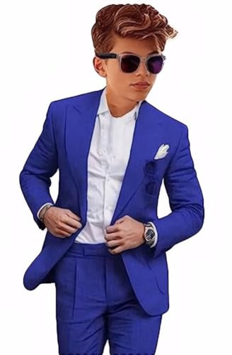 Chaqueta y pantalones ligeros de lino para niños, 2 piezas, traje formal para fiesta de verano para boda, azul real, 12 años