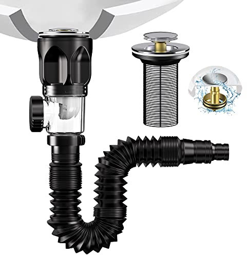 Bonde de Lavabo, Viafexna Kit de Vidange D'Évier De Salle de Bain, Siphon Lavabo Avec Tuyau de Vidange Flexible Rétractable en Pvc et Bouchon Lavabo Pop-Up, Résistant Aux Odeurs Et Aux Insectes