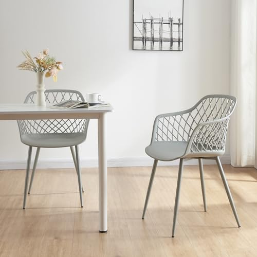 [en.casa] Set di 2 Sedie da Sala Pranzo Poltroncine in Plastica per Salotto Coppia di Sedie con Braccioli e Schienale a Rete Gambe in Metallo Carico max 130 kg - Grigio Chiaro