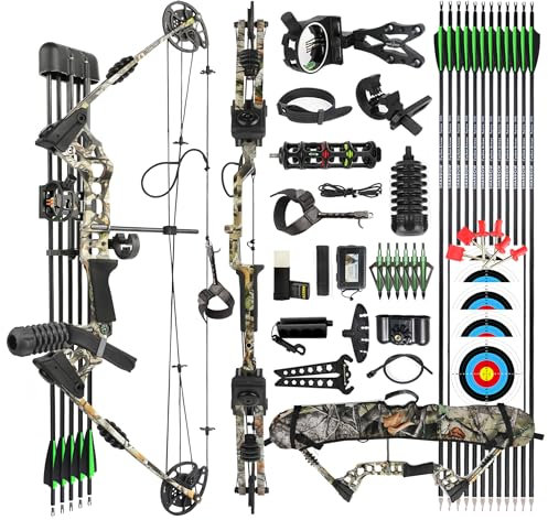 surwolf Bogenschießen CompoundBogen Set, Jagd & Targeting, 20-70lbs einstellbar, IBO 320FPS, 34 Erwachsene Bogen, Jagdbogen (camo set2, RH)