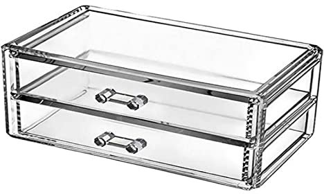 Sunydog Scatola portaoggetti per trucco in acrilico trasparente con 2 cassetti Scatola portaoggetti per gioielli da scrivania e organizer per cosmetici trasparente Scatola espositore portaoggetti per