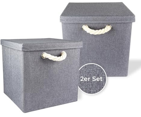 Storanda | 2er Set Aufbewahrungsbox mit Deckel | Kordel Griffband | Stabile & Faltbare Boxen | Regalboxen für Würfelregal Kallax | Ideal für Zuhause & Kinderzimmer | 30x30x30 cm | Grau