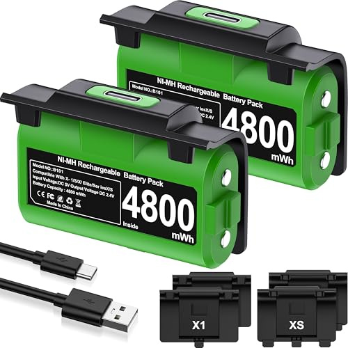 EXTREMECOOL Rechargeable Xbox Controller Battery Pack for Xbox Series X|S/One S|X/One Elite Controllers, Xbox Play and Charge Kit Incl. 2x4800mWh X-1 Batteries, 4x Battery Covers, USB C Charging Cable