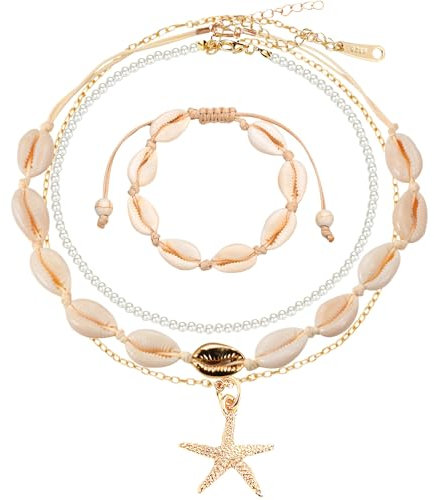 Lucktao 4 Stück Muschelkette und Muschel Armband Set,Muschelkette Damen,Muschelarmband,Perlenketten,Natürliche Muschelketten,mit Gold-Seestern-Anhänger,Boho Schmuck,Verstellbares,für Damen Mädchen