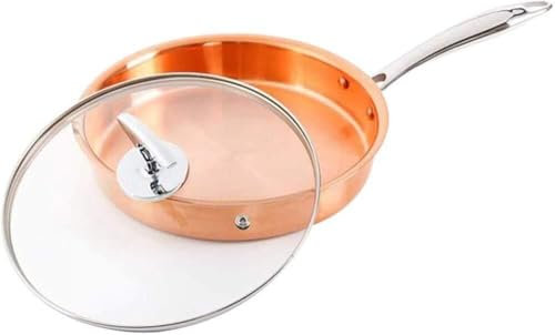 Kupferpfanne mit Glasdeckel – Antihaft-Bratpfannen-Set 22 cm, kühler Griff, aus massivem Kupfer – Deckel inklusive, ideal zum Kochen und Braten (mit Deckel 22 cm)
