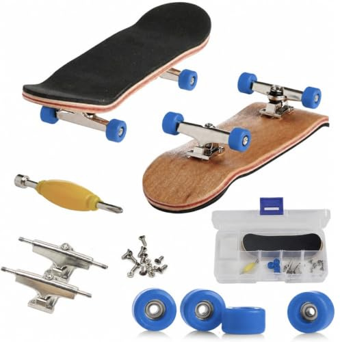 Hominas Mini Skateboard da Dito, Tastiera in Lega di Legno di Acero Ponte in Legno di Acero Completo con Scatola per Ridurre la Pressione per i Bambini (Blu scuro)