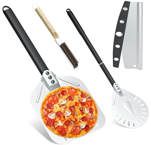 Set 4 attrezzi pale pizza, pala da pizza forato cm. 30 x 40, Palettino per pizza tonda cm. 23 x 45 in Alluminio Leggera, Coltello tagliapizza professionale, spazzola in fibra naturale