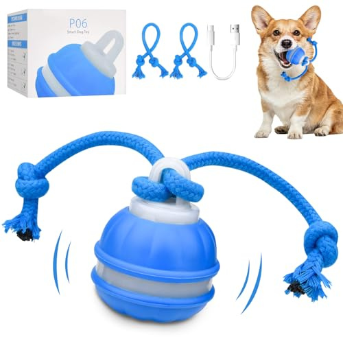Interactive Dog Ball Toy, Interactive Dog Toys, Moving Dog Toy, 3 Modes Automatic Active Rolling Ball with Tail, Smart Interactive Dog Toys with 2 Replacement Ropes for Puppy Small Medium Dog (Blue)