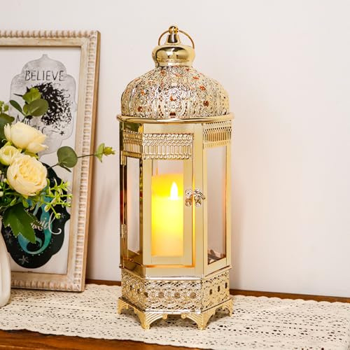 TRIROCKS Marokkanische Kerzenlaterne 41cm hoch Gold Kerzenständer mit gehärtetem Glas Dekorative Indoor Outdoor Ramadan Laterne für Wohnzimmer Garten Hof Partys (Gold)