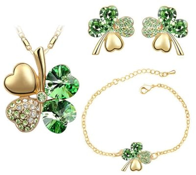 Auriselle Señoras Joyería Set Trébol de Cuatro Hojas de la Suerte Pendientes Collar Pulsera 3 Piezas Mujeres Joyería con Zirconia Cúbico Regalos de Boda para Damas, Verde