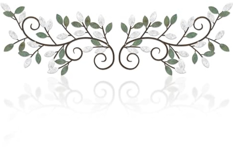 ESTART 2 Pieces Metal Tree Leaf Wall Decor Vine Olive Branch Leaf Wall Art Ornament Wall Hanging Sign for above Door, Living Room, Bathroom, Office, Indoor and Outdoor Decoration (White Green Colors)