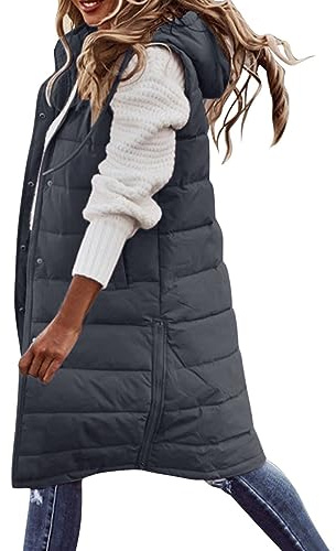 Dyhxuan Kapuzenweste Damen Lang Herbst Winter Übergangsweste mit Kapuze Ärmellose Daunenweste Einfarbig Winterjacke Reißverschlüsse Kapuzenweste Warme Wintermantel S-6XL