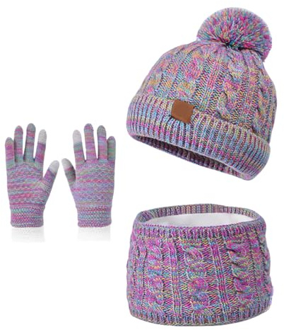 MUNSKT Gorro bucle bufanda guantes pantalla táctil set 3-12 invierno gorro bufanda guantes juegos años gorro de invierno niñas gorro de punto cálido gorro polar bufanda invierno punto, morado, Talla