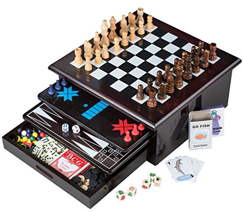 Board Game Set - Deluxe 15 in 1 Tabletop Wood-accented Game Center with Storage Drawer (Checkers, Chess, Chinese Checkers, Parcheesi, TicTacToe, SOlitaire, Snakes and Ladders, Mancala, Backgammon, Poker Dice, Playing Cards, Go Fish, Old Maid, and Dominos)