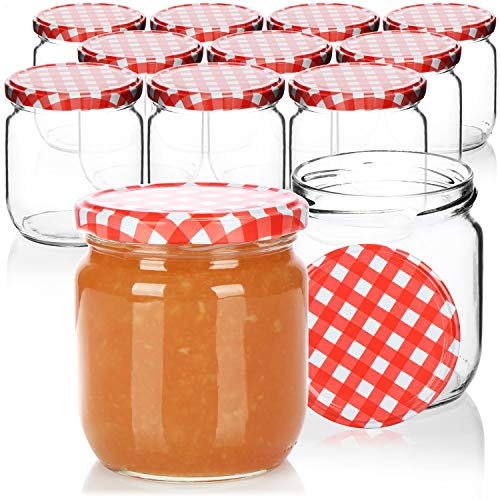 com-four® 12x Einmachgläser mit rot/weiß kariertem Schraub-Deckel - TO Ø 82 mm - bis zu ca. 425 ml