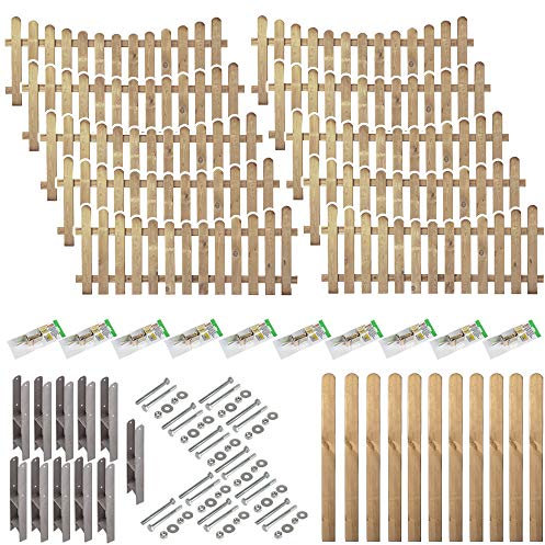 Komplett-Set Latten-zaun Friesland Tiefbogen //10 Vorgarten-Zäune (200 x 80 abfallend auf 65 cm) + Zubehör // ca.20,99 lfd. Meter // + 11 Holzpfeiler mit Rundkopf (9 x 9 x 95 cm) + Montagematerial