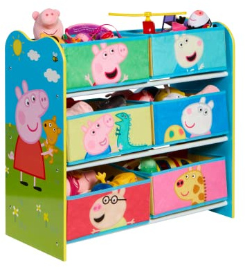 Official Peppa Pig Children's Storage Unit - Wooden Shelves with 6 Fabric Containers for Toys and Book Organisation in Bedroom, Playroom