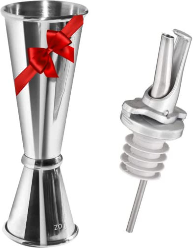 Set di jigger e versatore per liquori – Doppio jigger con beccuccio ClickSeal in gomma naturale senza BPA a velocità – Lavabile in lavastoviglie, misura universale