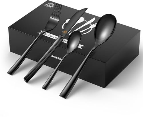 VancassoCutlery Set Black for 12 People, 18/10 Stainless Steel Knife/Fork/Spoon/Dessert Spoon, 48-Piece Set with Handle, Polished and Gift Box, Modern and Simple Design