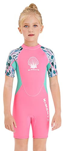 Mädchen 2.5mm Neoprenanzug Kinder Einteiler Tauchanzug Shell Gedruckt Kurzarm Shorty Badeanzug Patchwork Sonnenschutz Rückenreißverschluss One Piece Wetsuit 011 rosa XXL