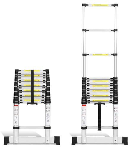 Tubiaz 4.4M Echelle télescopique en Aluminium avec 2 Crochets Amovibles, Interrupteur de sécurité à Plusieurs Niveaux Coulisse, Portable antidérapant, Charge Max. 150 kg Argent