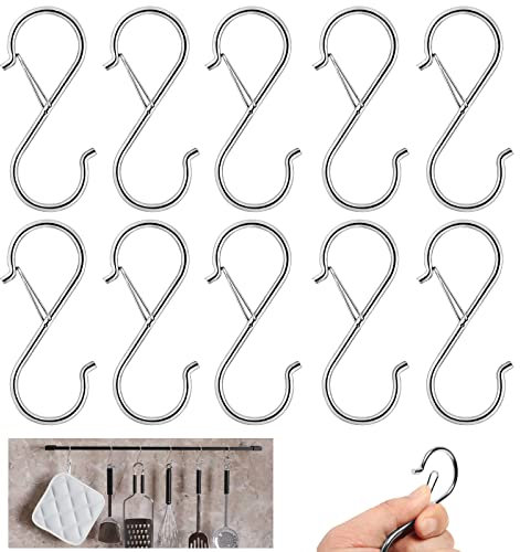 bonitacrylic 10 Pack S Shaped Hooks Metal for Hanging Heavy Duty Large 9cm with Safety Buckle for Pan Utensil Closet Rod Outdoor Lights Kitchenware Bathroom Garden Office Plant Silver