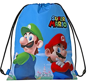 SUPER MARIO - Sacca Coulisse Ufficiale Super Mario, Compatta e Versatile, Ideale per Palestra, Scuola, Viaggi, Portamerenda, Idea Regalo Bambini e Ragazzi, 35x42x2 cm, Azzurra