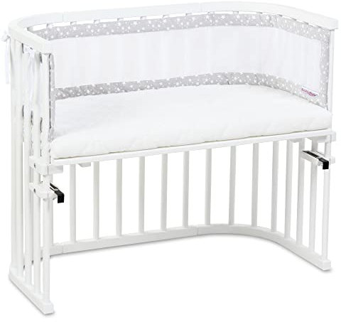 babybay Maxi Beistellbett mit Matratze Classic Cotton Soft, weiß lackiert, mit Nestchen Mesh-Piqué perlgrau Sterne weiß