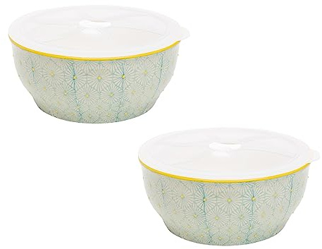 Tranquillo 2er Set Schüssel Art Deco handgestempelt aus Steinzeug, Silikondeckel, stilvolle und praktische Aufbewahrung für Lebensmittel türkis, 18,5 cm