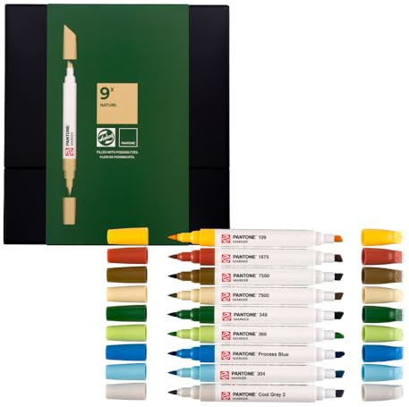 Talens | Pantone Marker 9er Set Nature | Dual-Tip-Stift mit Pinselspitze und Keilspitze | Wasserbasierte, pigmentierte Tinte in Pantone-Farben