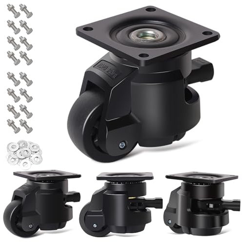 RRIUTO Leveling Castors with Adjustable Ratchet Handle, 4 Heavy Duty Furniture Castor up to 1000kg, 50MM Retractable Transport Wheels Swivel Castors 360° Rotation, Industrial Castor for Workbenches