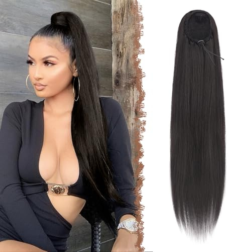 FESHFEN Postiche Queue de Cheval Droit - Longue Ponytail Cheveux Naturel Cordon Brun Noir Synthétique Rajout Ponytails Extension Drawstring, 70 cm