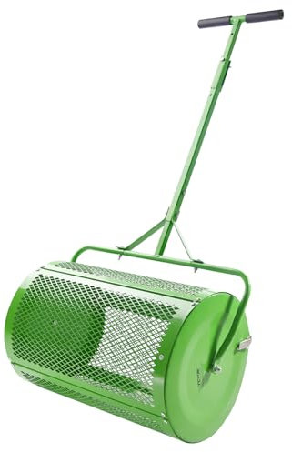 VEVOR Épandeur de Compost de Mousse de Tourbe, 60 cm, Épandeur de Gazon à Rouleau à Pousser Remorquer, Poignée T Réglable en Hauteur, Panier en Maille d'Acier pour Épandre Fumier, Terre Végétale, Vert