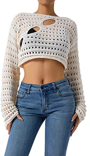 LYSINK Y2k - Suéter holgado de punto de manga larga para mujer, diseño de ganchillo, color liso, para otoño, A-a-beige, XL