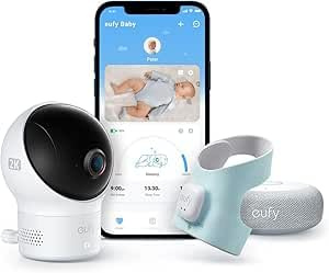 eufy Baby Monitor Smart S340 Baby Monitor, WLAN 2,4 GHz, Monitoraggio dei modelli di sonno, sonnellini, frequenza cardiaca e ossigeno, fotocamera 2K, riconoscimento del vino AI, senza costi mensili