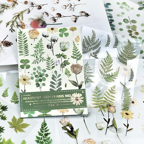 Florales Stickers, 20 Hojas Transparente Florales Pegatinas, Albumes de Recortes Flores Pegatinas, Florales Plantas Stickers, Pegatinas de Flores Transparente, Decoración Scrapbook