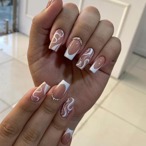 Goiern Lot de 24 faux ongles en acrylique, roses, carrés ,pour femmes filles