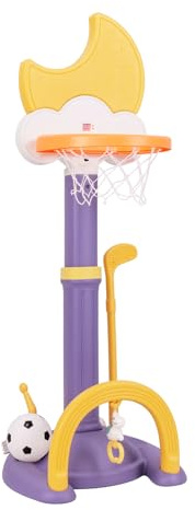 GOPLUS 4-i-1-barnbasketkorg, basketstativ höjdjusterbar med månformad elektronisk resultattavla, ringkastning, basket, fotboll och golfspel, för barn från 3 år (gul)