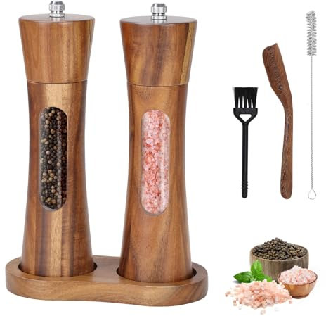 Foyucool Wooden Salt and Pepper Grinder Set with Brush and Spoon, 8 inch Manual Salt and Pepper Mill, Adjustable Coarseness, Refillable Pepper Grinder with Ceramic Core for Kitchen, Transparent