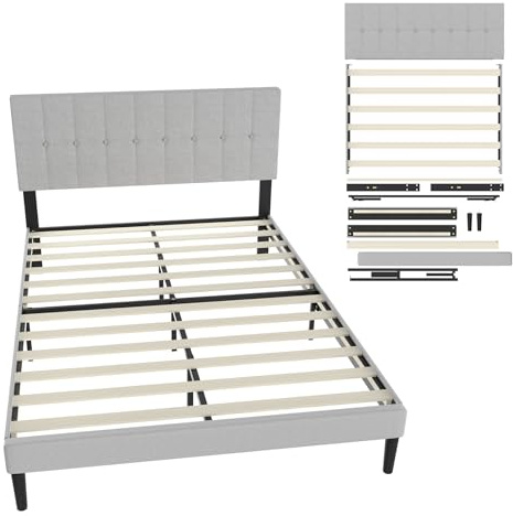 UISEBRT - Letto matrimoniale imbottito 140 x 200 cm – Telaio letto con bottoni, struttura letto a piattaforma con testiera imbottita in lino, supporto in doghe di legno, letto matrimoniale per adulti