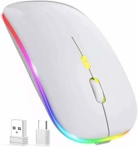 NA-E-VE Raton ​Inalambrico Recargable, Ratón Retroiluminado de 7 Colores con Mini Receptor USB de 2,4 GHz, Raton Gaming, Compatible con TV, Laptop, PC, Ordenador, Chromebook, Notebook, blanco.