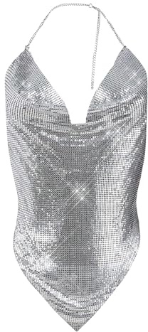 Women's Sexy Halter Top Sparkling Sequin Backless Nightclub Vest Deep V Club Top for Disco Party Ladies Silver