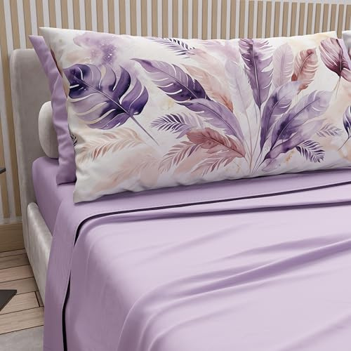 PETTI Artigiani Italiani - Lenzuola Matrimoniali Cotone con Federe in Stampa Digitale, Lenzuolo Completo Letto Matrimoniale Fantasia Palma Lilla, 100% Made in Italy