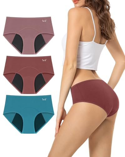 TANSTC Bragas Menstruales Mujer Algodon 60ML, Protección Hygiénia Absorbente y Lavable, Ropa Interior y Reutilizable para la Menstruación, Rosa + Rojo + Turquesa, Pack de 3, L