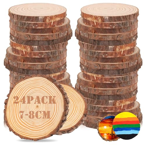 24 Piezas Rodajas de Madera, Discos De Madera, Diámetro 7-8 cm - Sin Agujero - Para Bricolaje, Centros de Mesa para Bodas y Decoraciones Navideñas